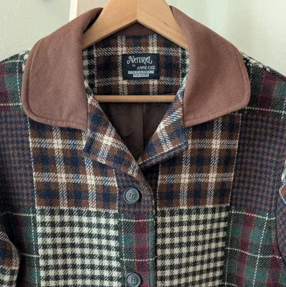 Vintage Wool Plaid Patchwork Button Up Jacket In Burgundy/Brown/Navy